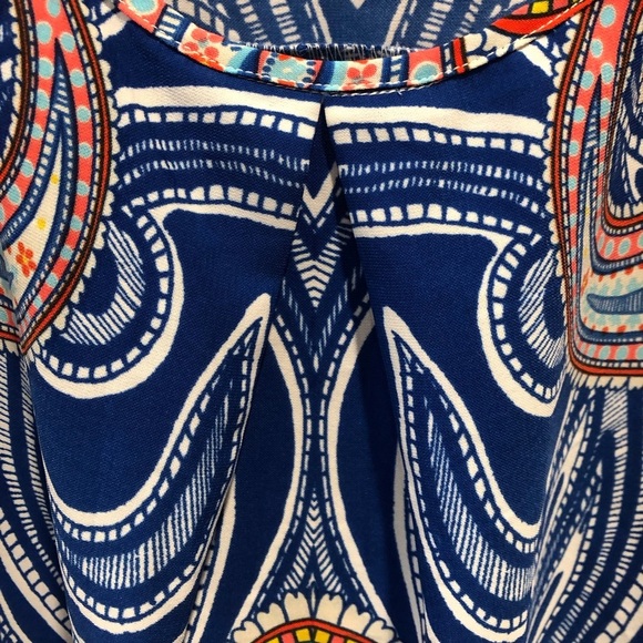 Pink Owl Large Blue Multicolor Abstract Artsy Boho Blouse One Pleat Bell Sleeves - Picture 4 of 6